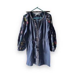Zara Embroidered Boho Tunic Dress Size M Blue Floral Folk​​​​​